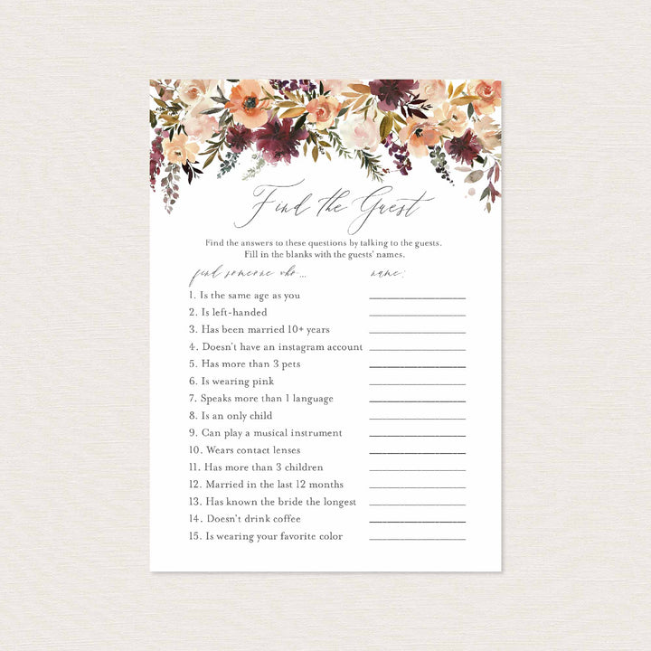 Romance Blush Bridal Shower Find The Guest Game Printable