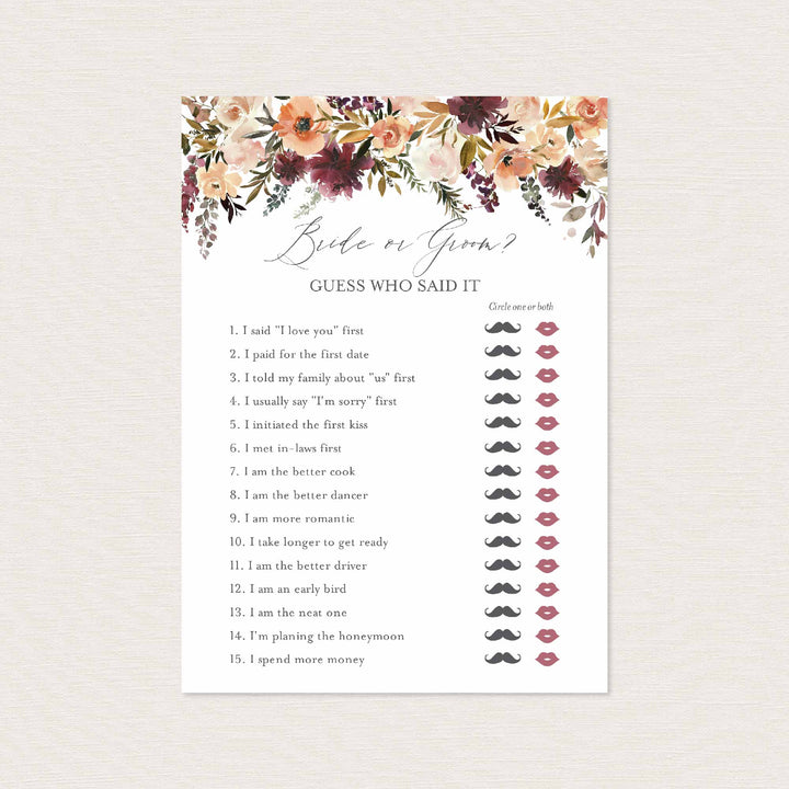 Romance Blush Bridal Shower He Said She Said Game Printable