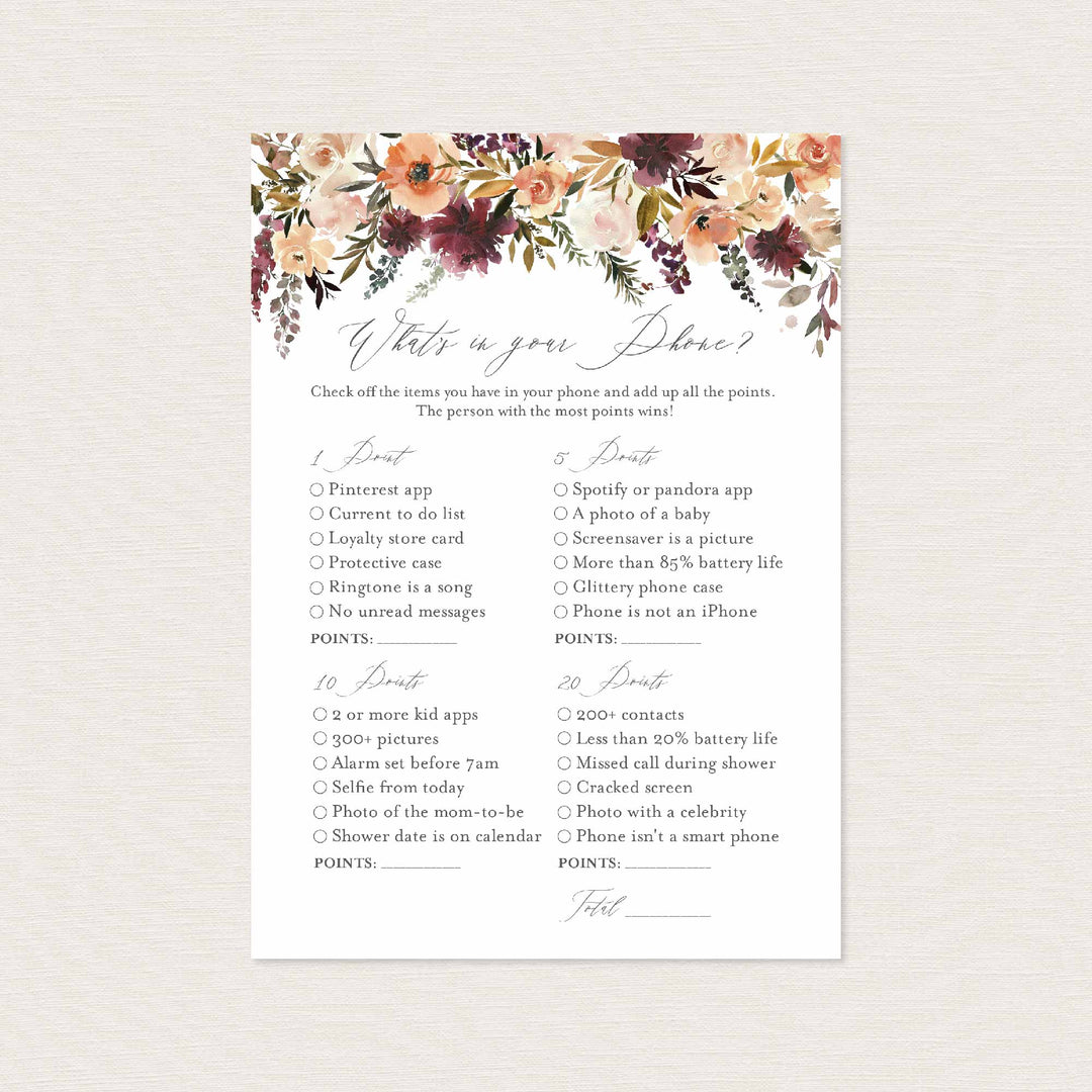 Romance Blush Bridal Shower What's In Your Phone Game Printable