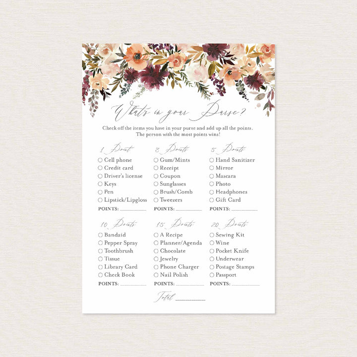 Romance Blush Bridal Shower What's In Your Purse Game Printable