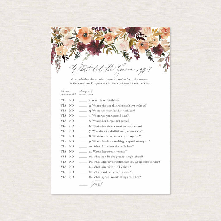 Romance Blush Bridal Shower What Did The Groom Say Game Printable