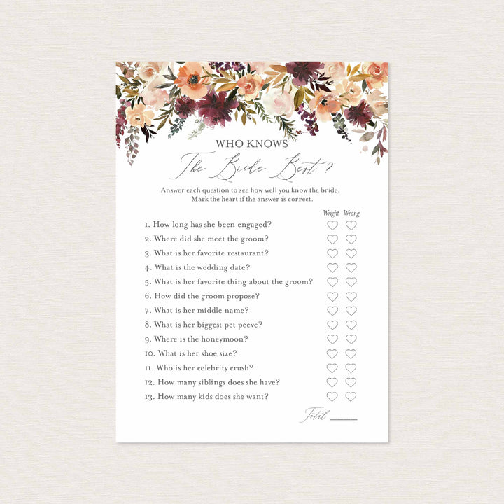 Romance Blush Bridal Shower Who Knows The Bride Best Game Printable