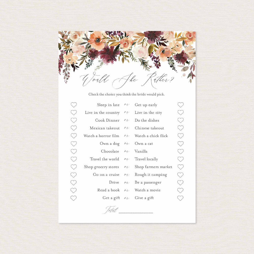 Romance Blush Bridal Shower Would She Rather Game Printable