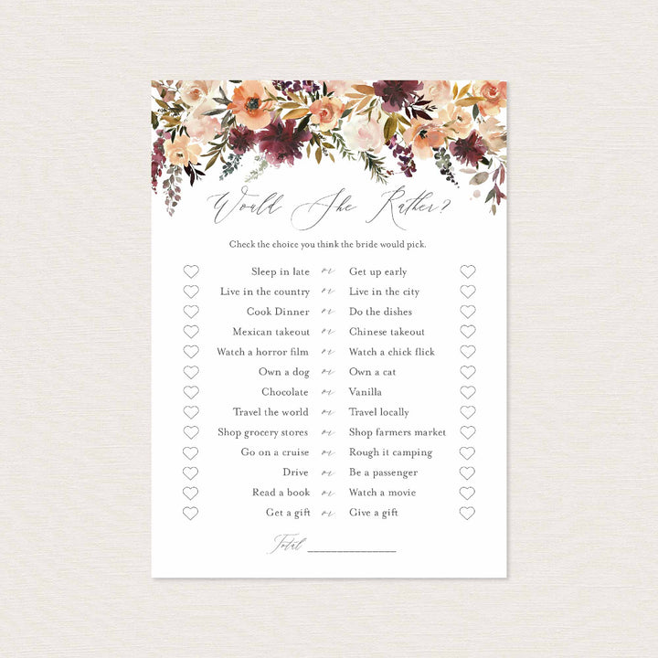 Romance Blush Bridal Shower Would She Rather Game Printable