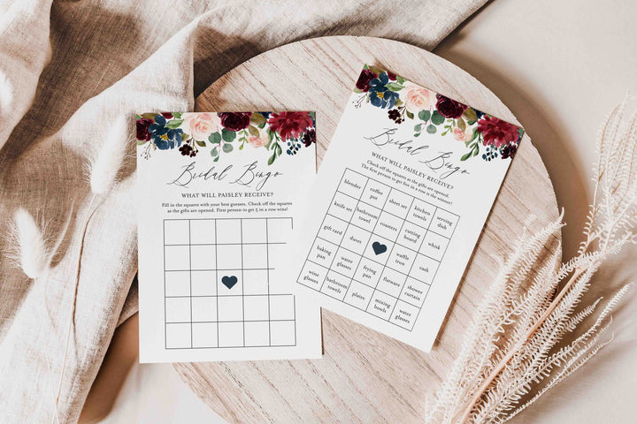 Burgundy Navy Bridal Shower Bingo Game Printable