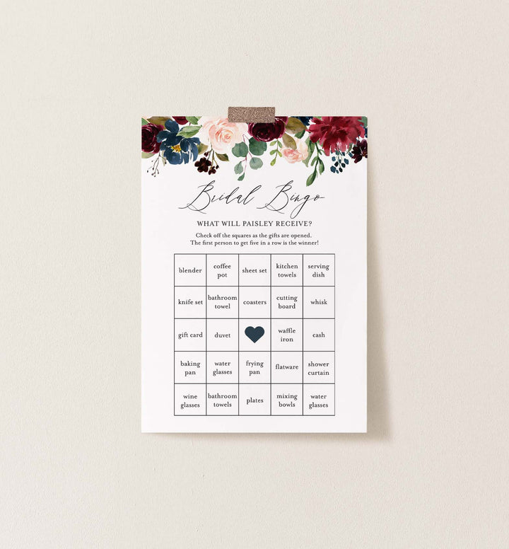 Burgundy Navy Bridal Shower Bingo Game Printable