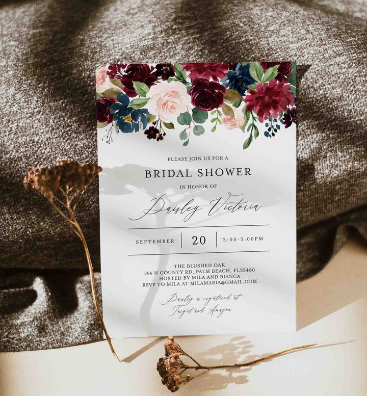 Burgundy Navy Bridal Shower Invitation Printable