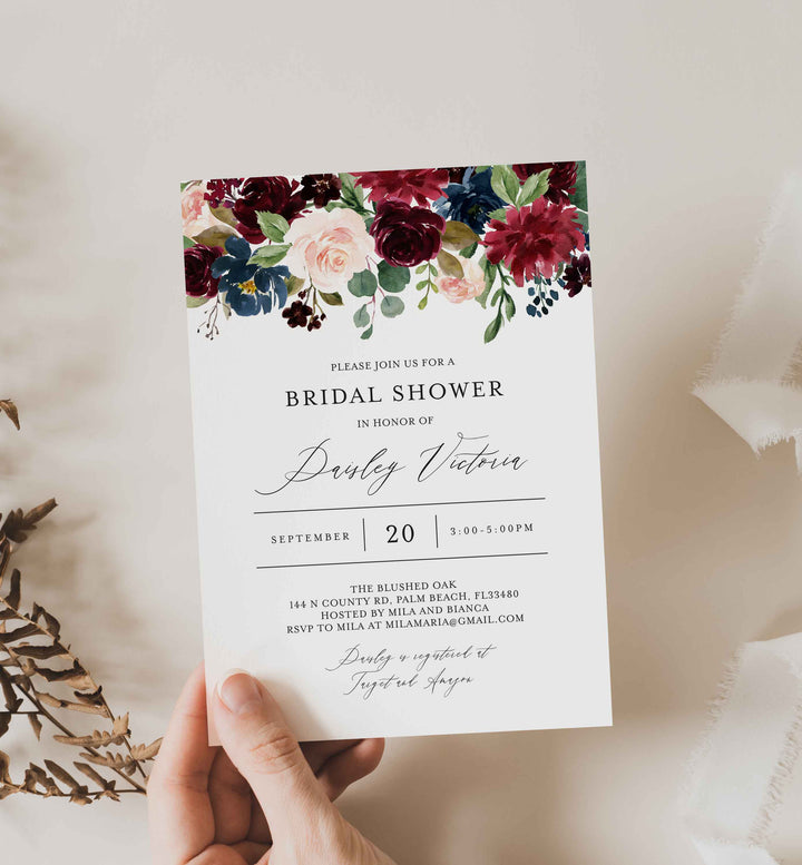 Burgundy Navy Bridal Shower Invitation Printable