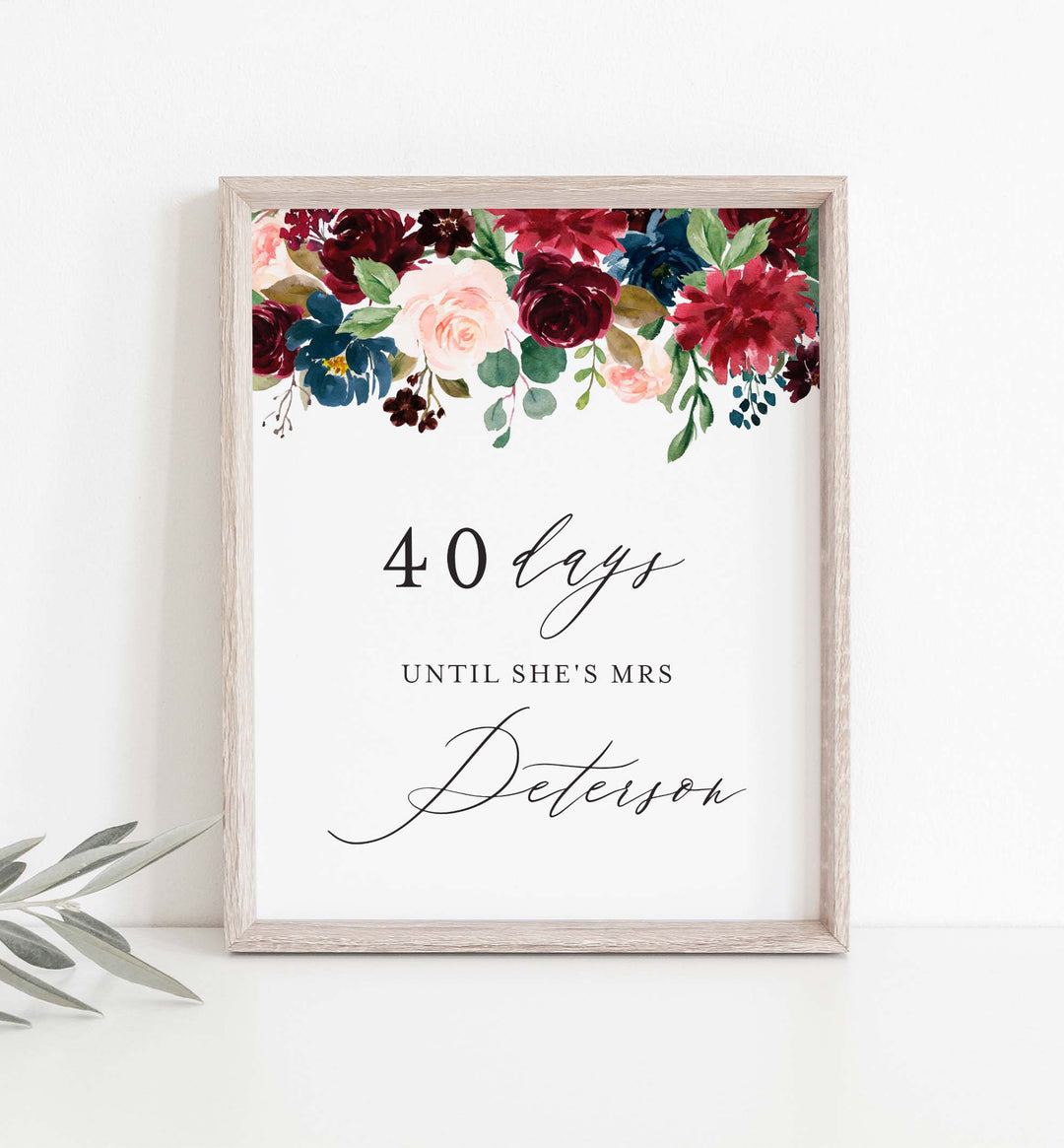 Burgundy Navy Bridal Shower Days Until Mrs Sign Printable