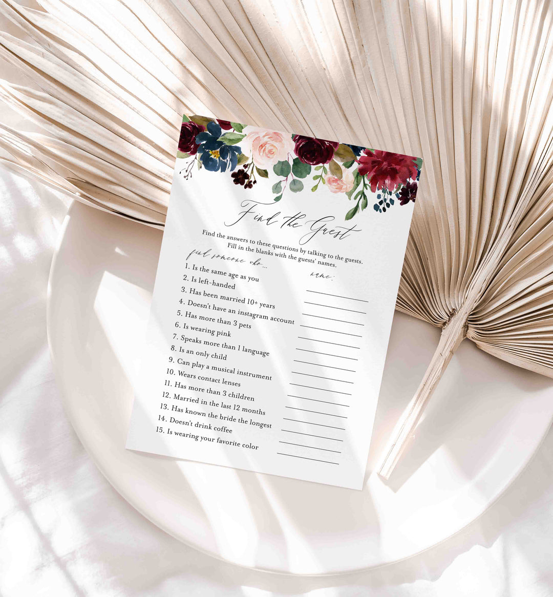 Burgundy Navy Bridal Shower Find The Guest Game Printable