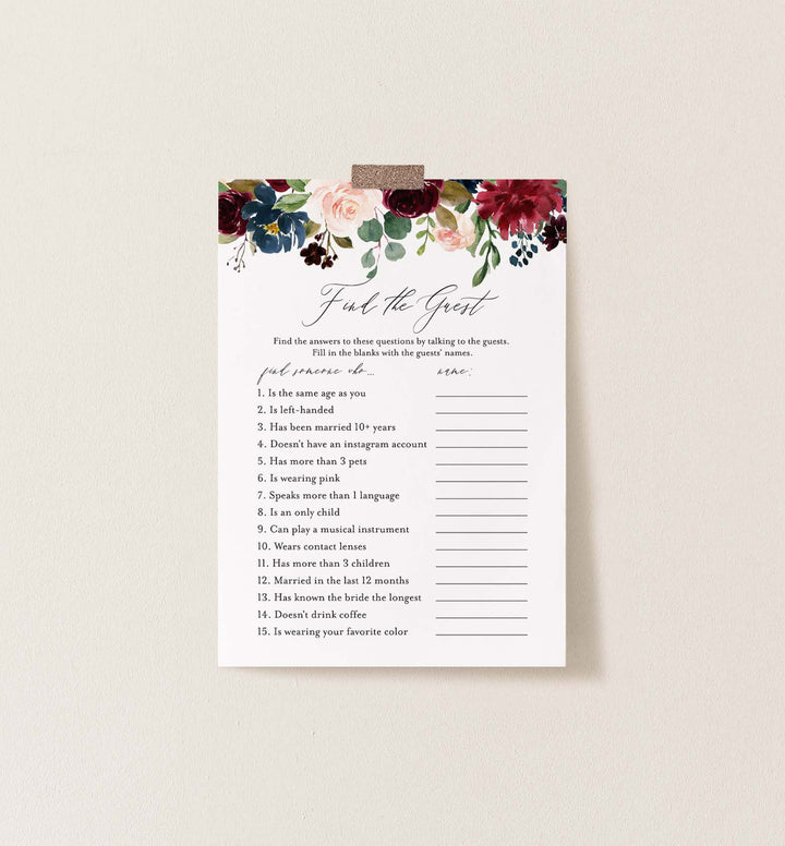 Burgundy Navy Bridal Shower Find The Guest Game Printable