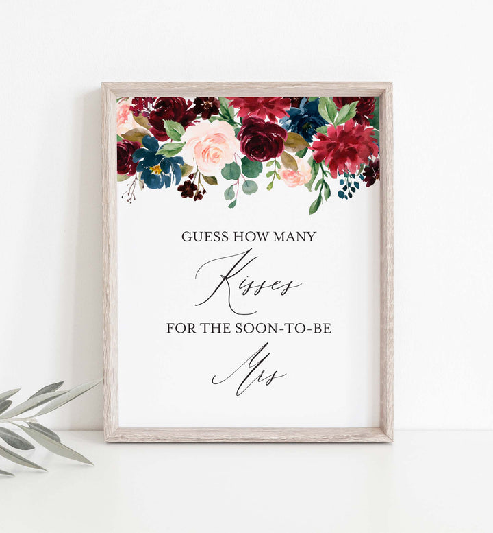 Burgundy Navy Bridal Shower Guess How Many Kisses Game Printable