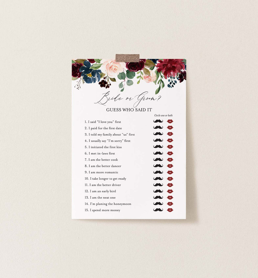 Burgundy Navy Bridal Shower He Said She Said Game Printable