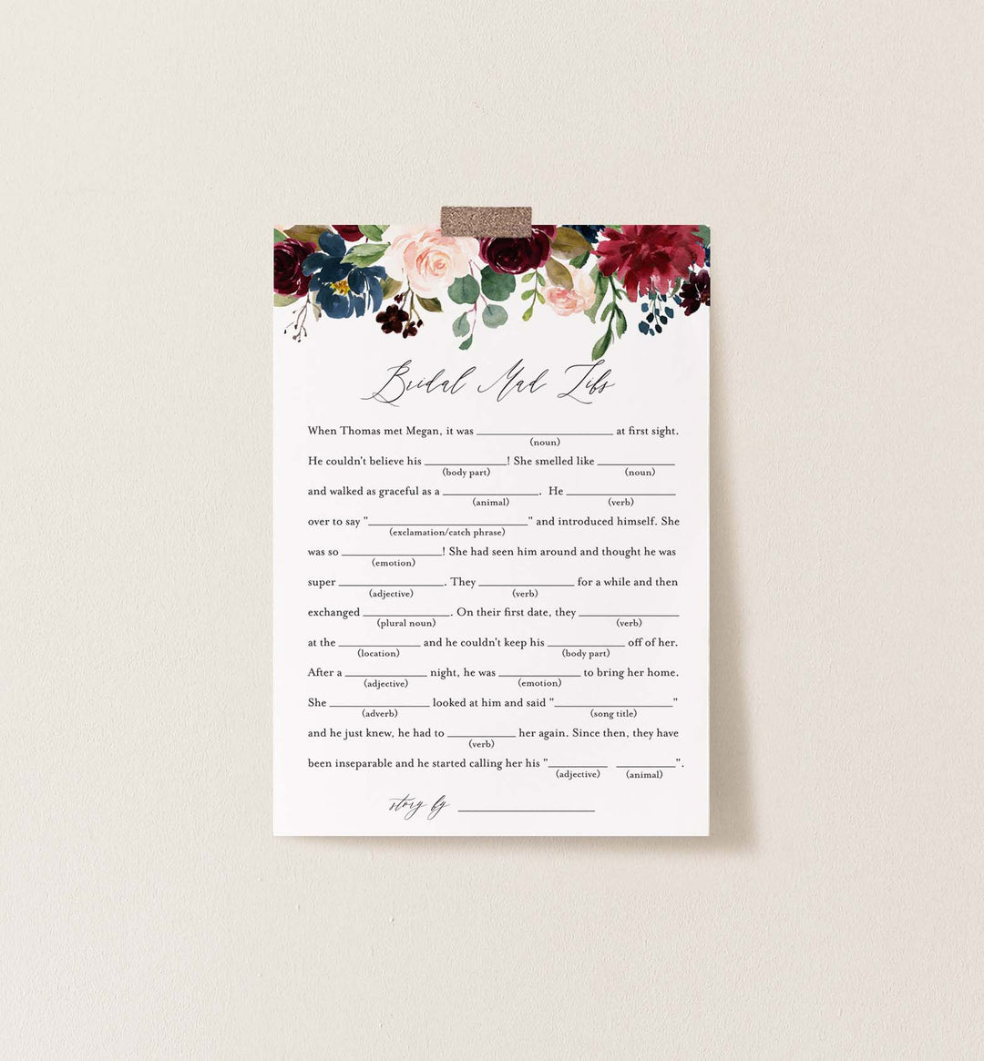 Burgundy Navy Bridal Shower Mad Libs Game Printable