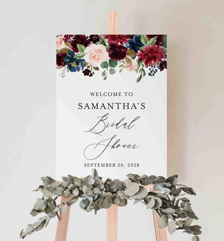 Burgundy Navy Bridal Shower Welcome Sign Printable