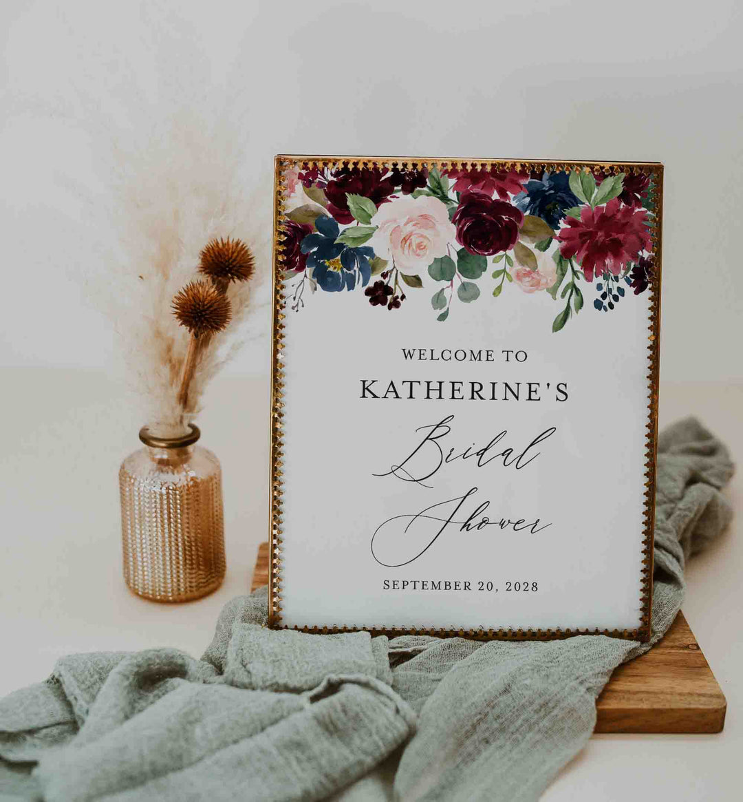 Burgundy Navy Bridal Shower Welcome Sign Printable