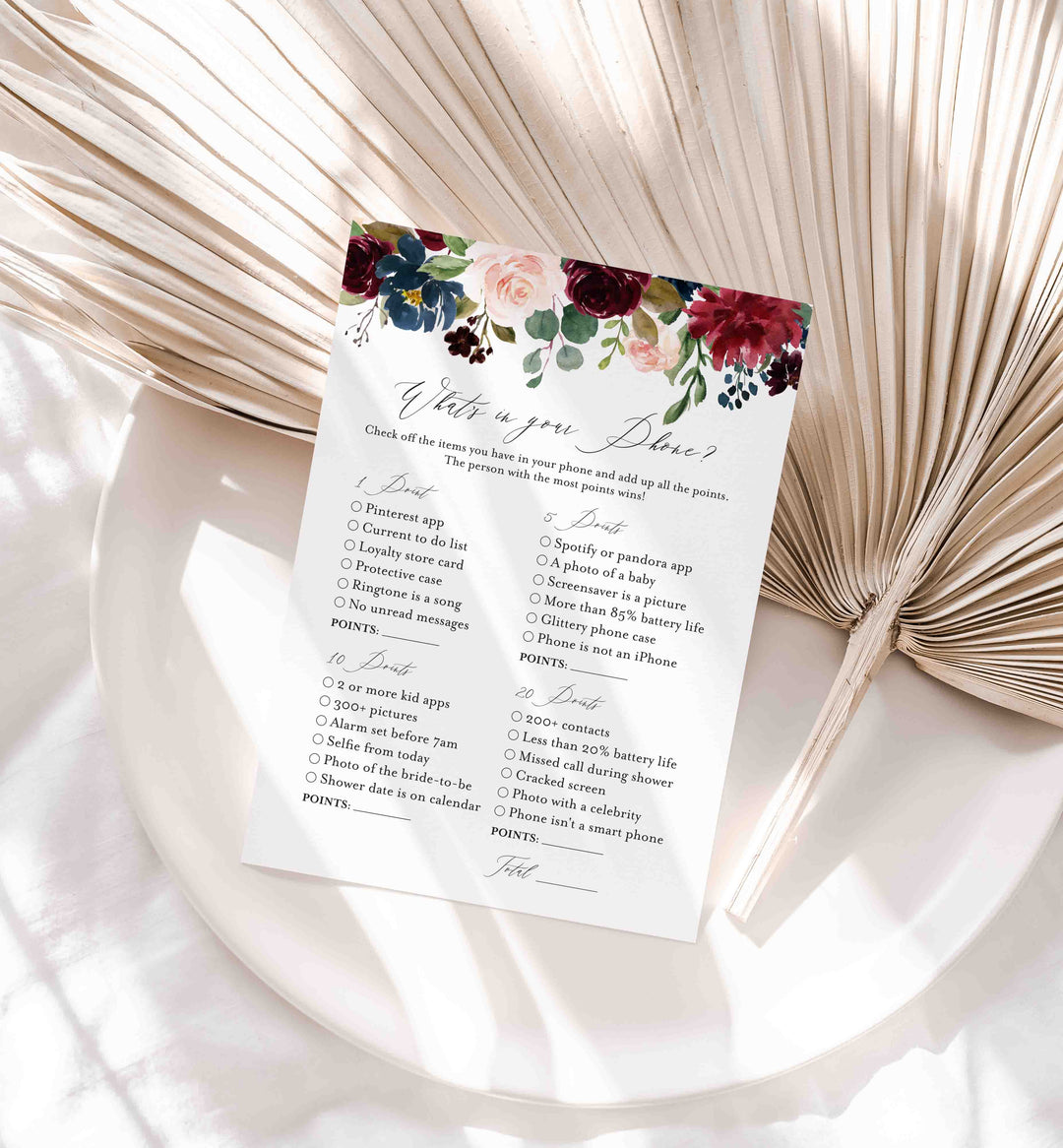 Burgundy Navy Bridal Shower What's In Your Phone Game Printable