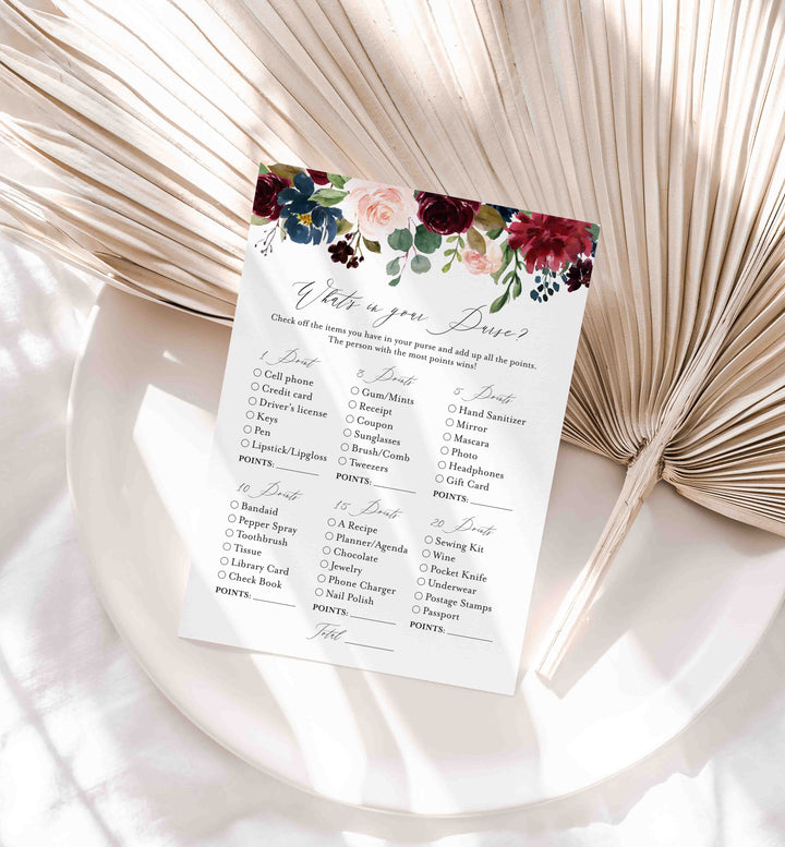 Burgundy Navy Bridal Shower What's In Your Purse Game Printable