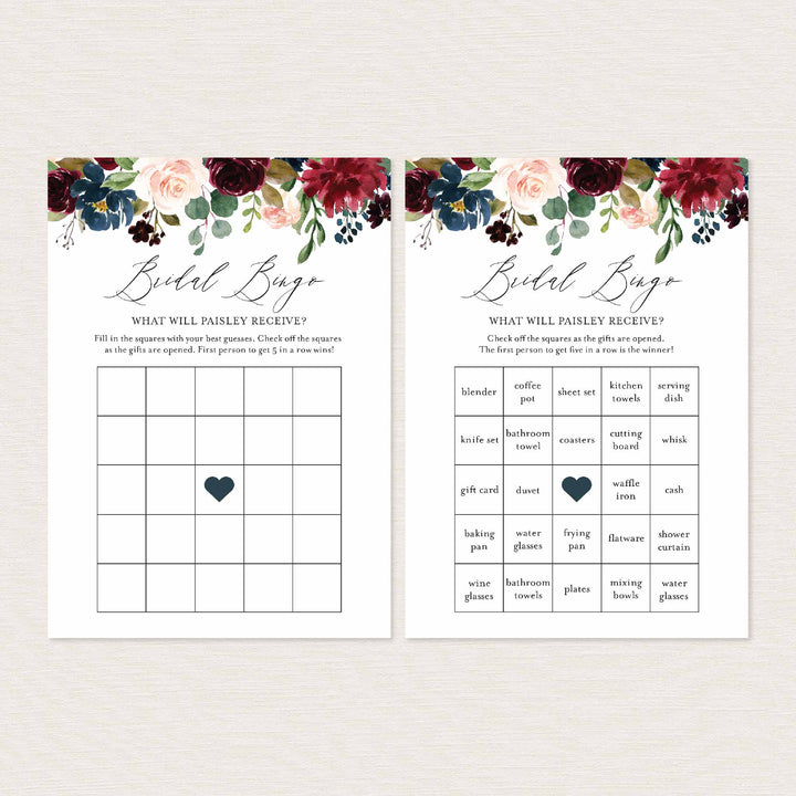 Burgundy Navy Bridal Shower Bingo Game Printable