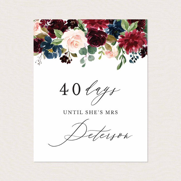 Burgundy Navy Bridal Shower Days Until Mrs Sign Printable