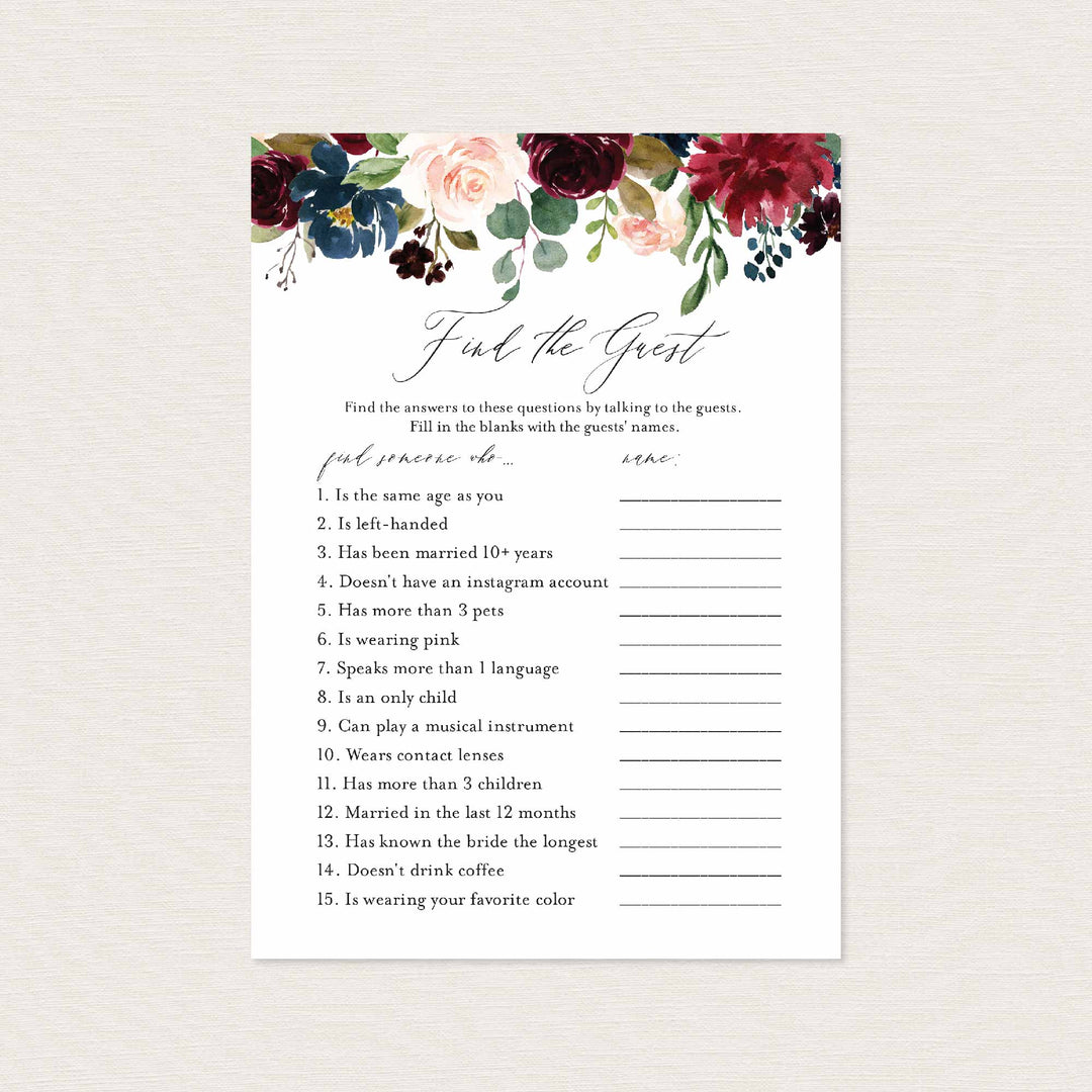 Burgundy Navy Bridal Shower Find The Guest Game Printable