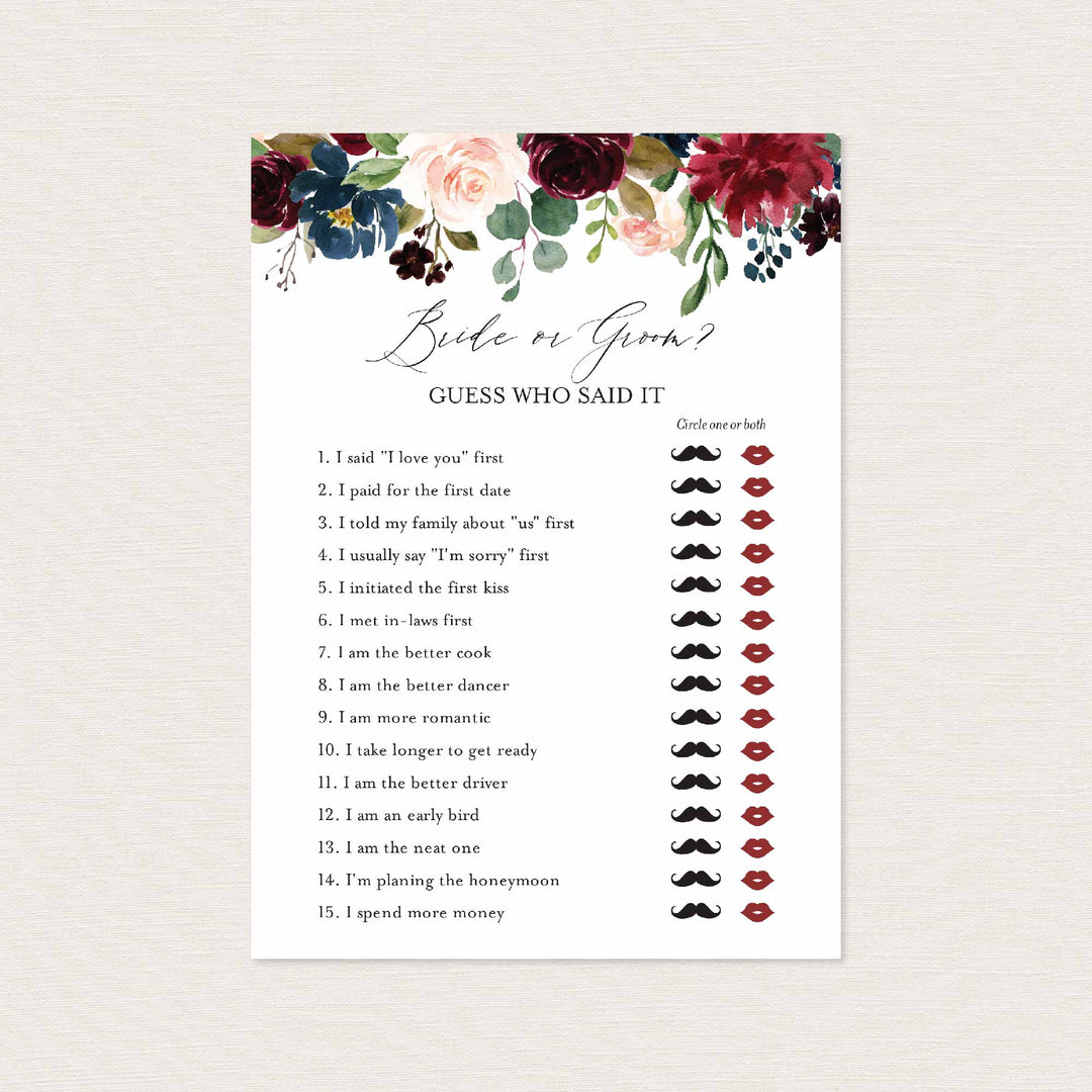 Burgundy Navy Bridal Shower He Said She Said Game Printable