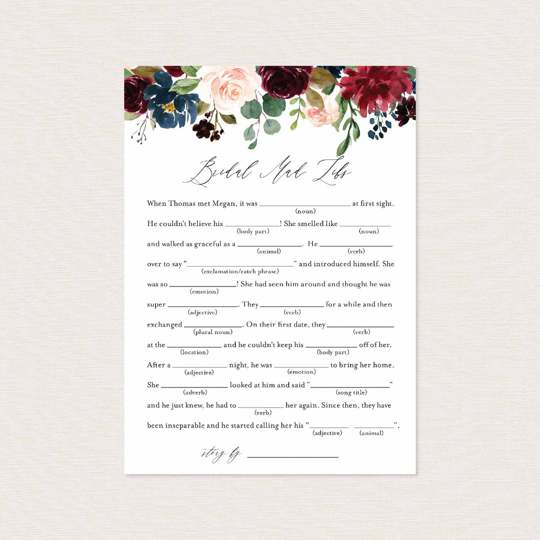 Burgundy Navy Bridal Shower Mad Libs Game Printable