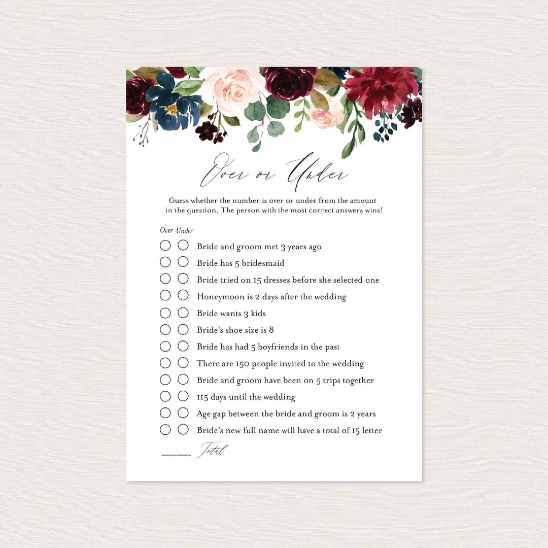 Burgundy Navy Bridal Shower Over or Under Game Printable