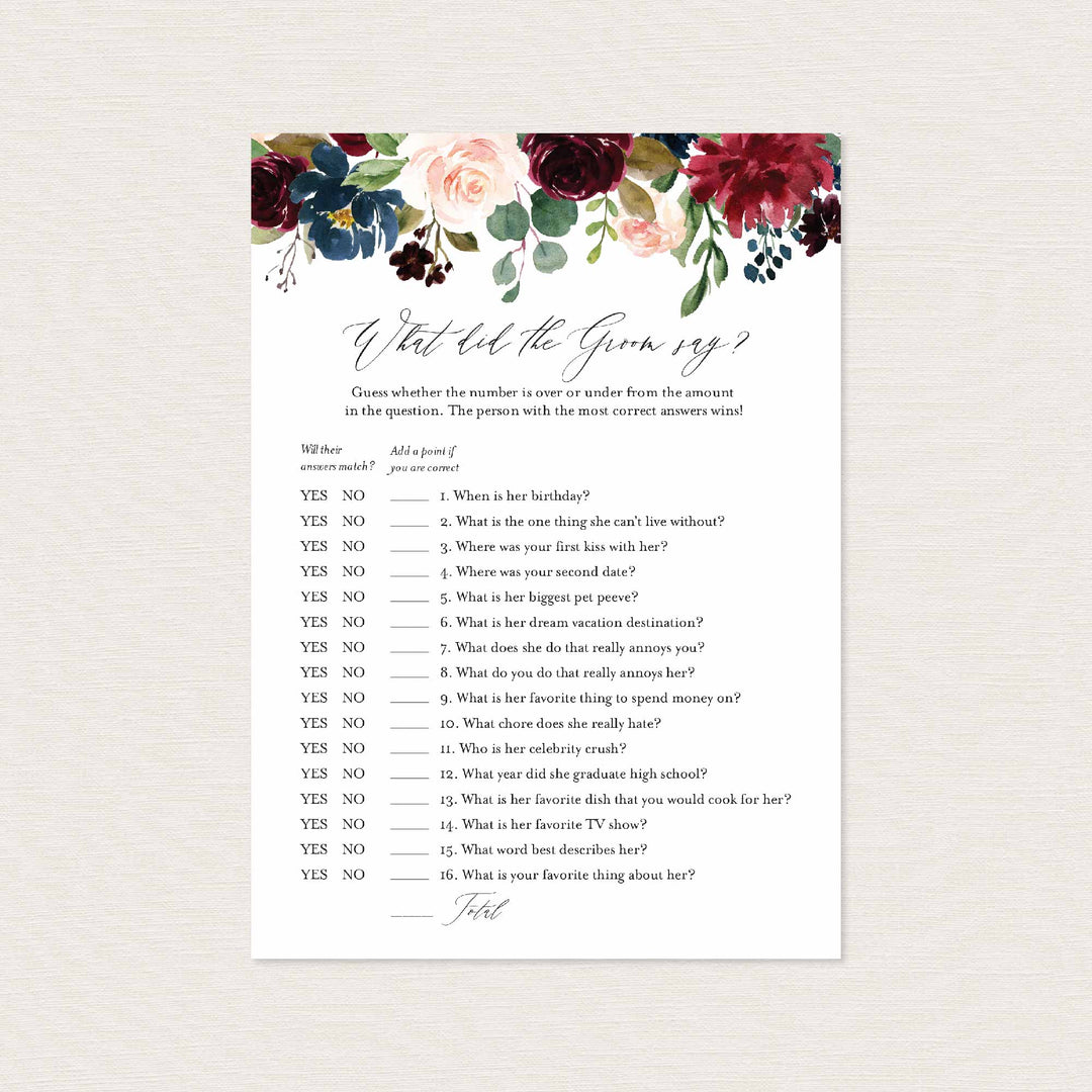 Burgundy Navy Bridal Shower What Did The Groom Say Game Printable