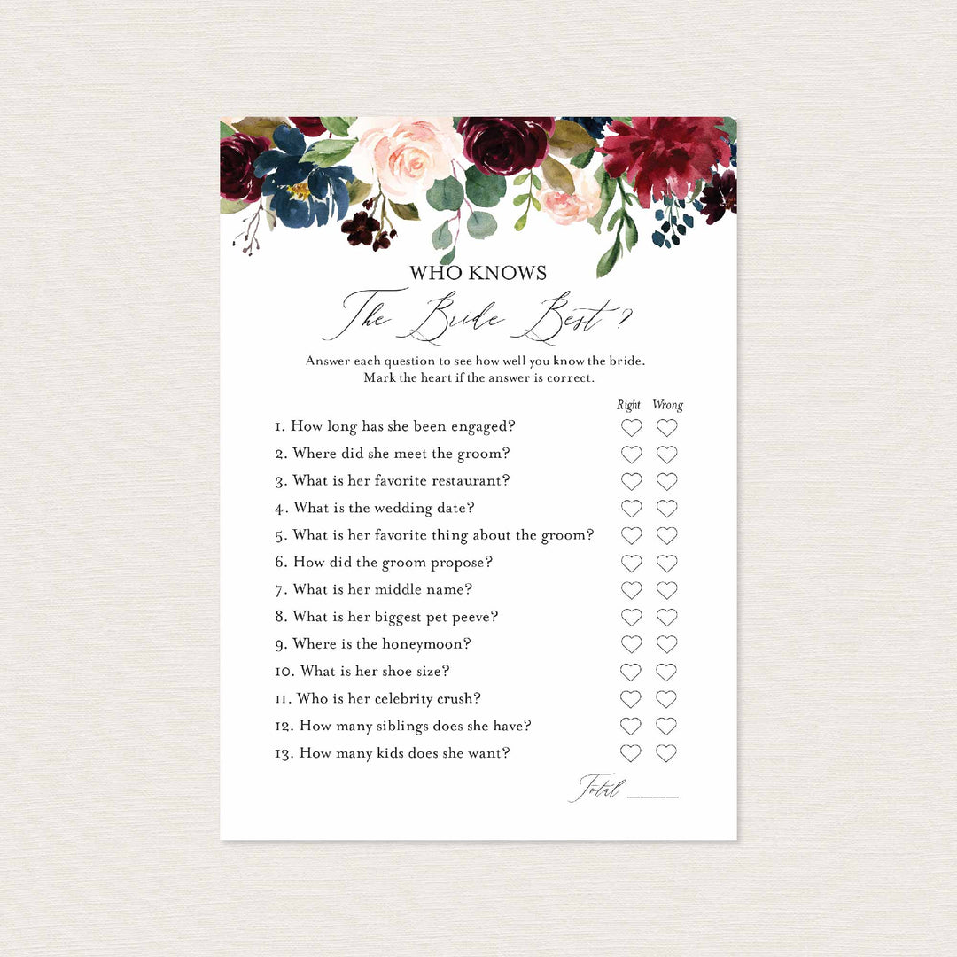 Burgundy Navy Bridal Shower Who Knows The Bride Best Game Printable