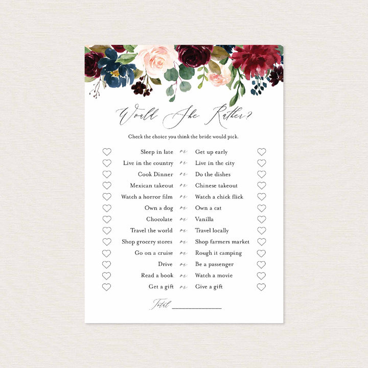 Burgundy Navy Bridal Shower Would She Rather Game Printable