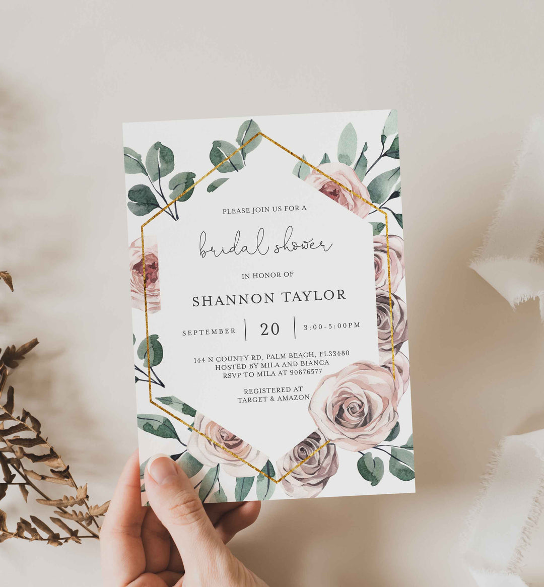 Boho Rose Bridal Shower Invitation Printable