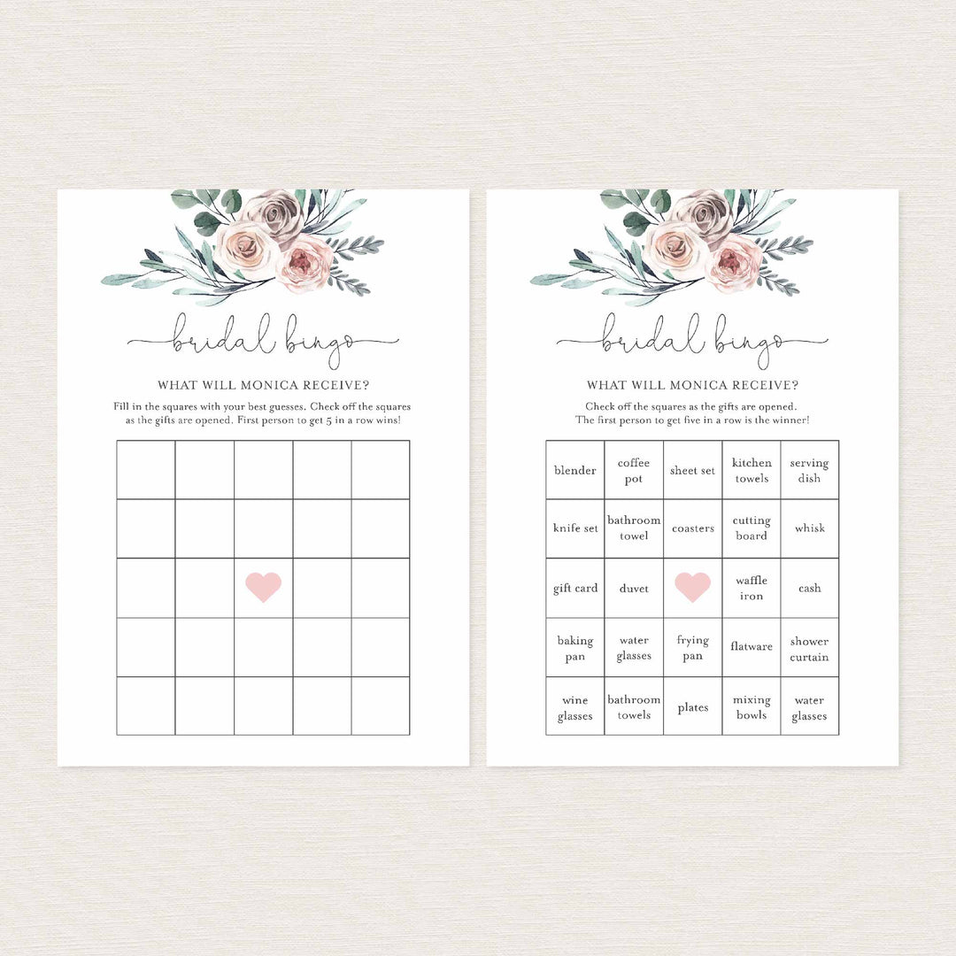 Boho Rose Bridal Shower Bingo Game Printable