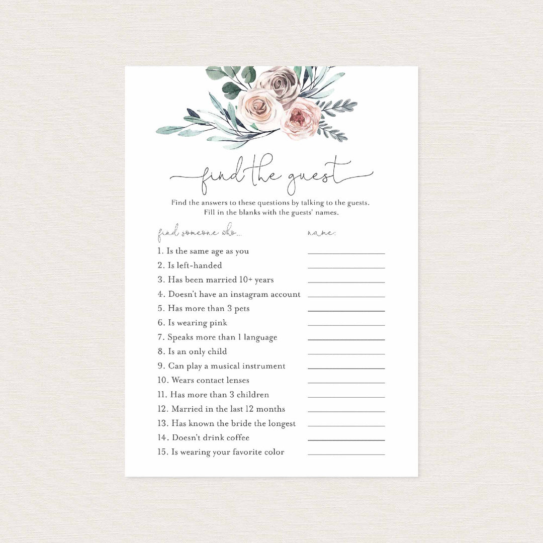 Boho Rose Bridal Shower Find The Guest Game Printable