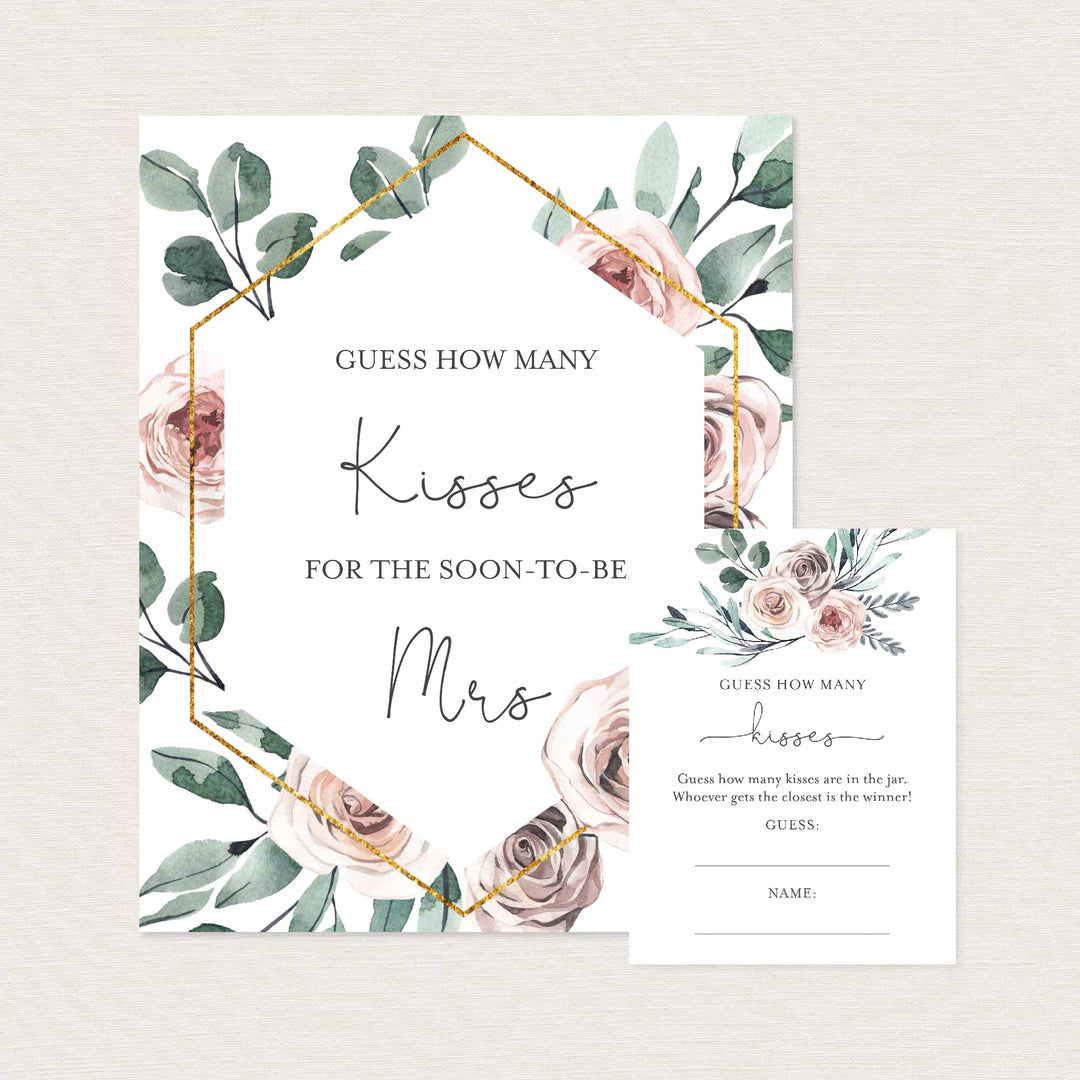 Boho Rose Bridal Shower Guess How Many Kisses Game Printable