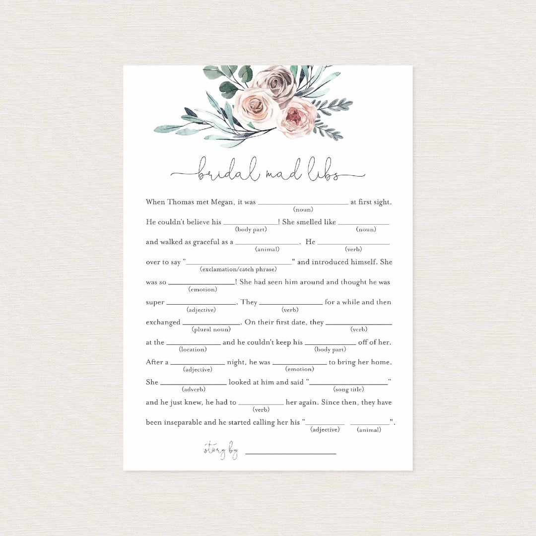 Boho Rose Bridal Shower Mad Libs Game Printable