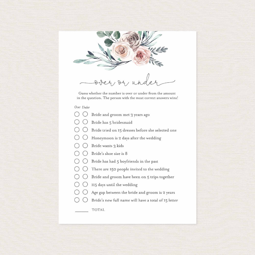 Boho Rose Bridal Shower Over or Under Game Printable