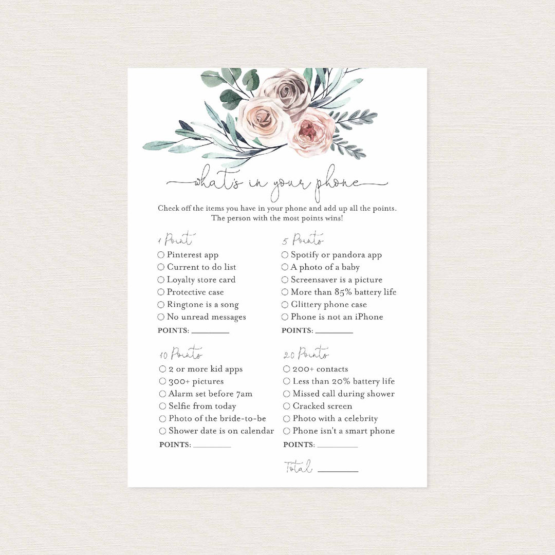 Boho Rose Bridal Shower What's In Your Phone Game Printable