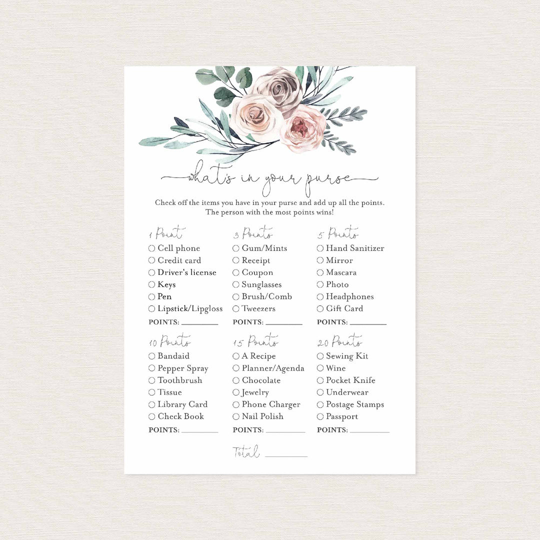 Boho Rose Bridal Shower What's In Your Purse Game Printable