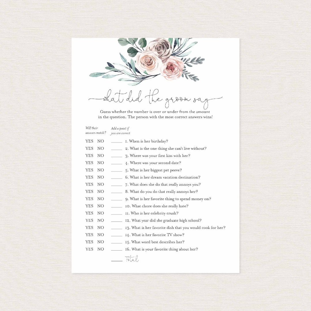 Boho Rose Bridal Shower What Did The Groom Say Game Printable