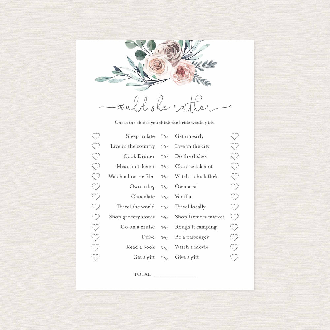 Boho Rose Bridal Shower Would She Rather Game Printable