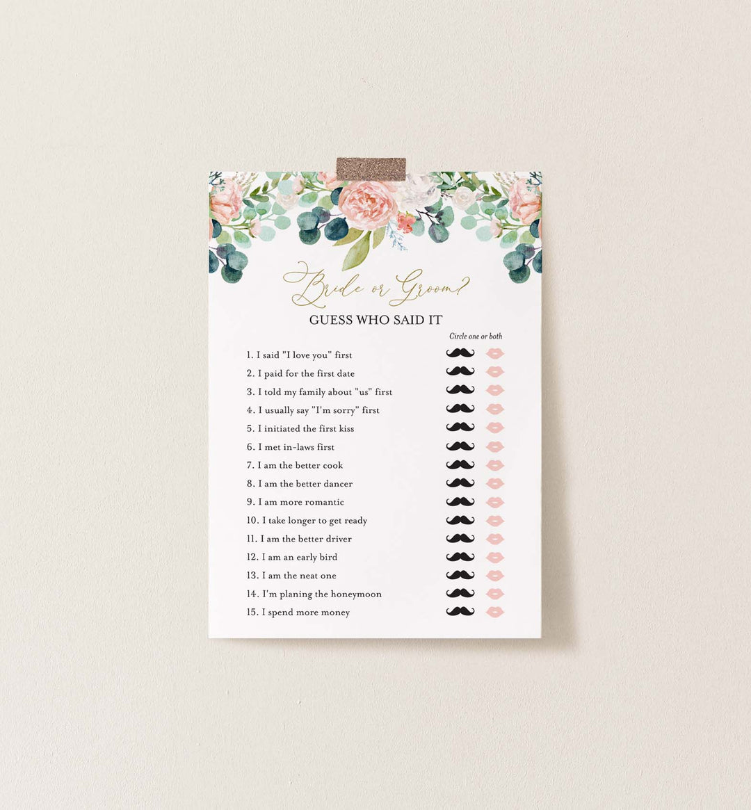 Blush Garden Bridal Shower He Said She Said Game Printable