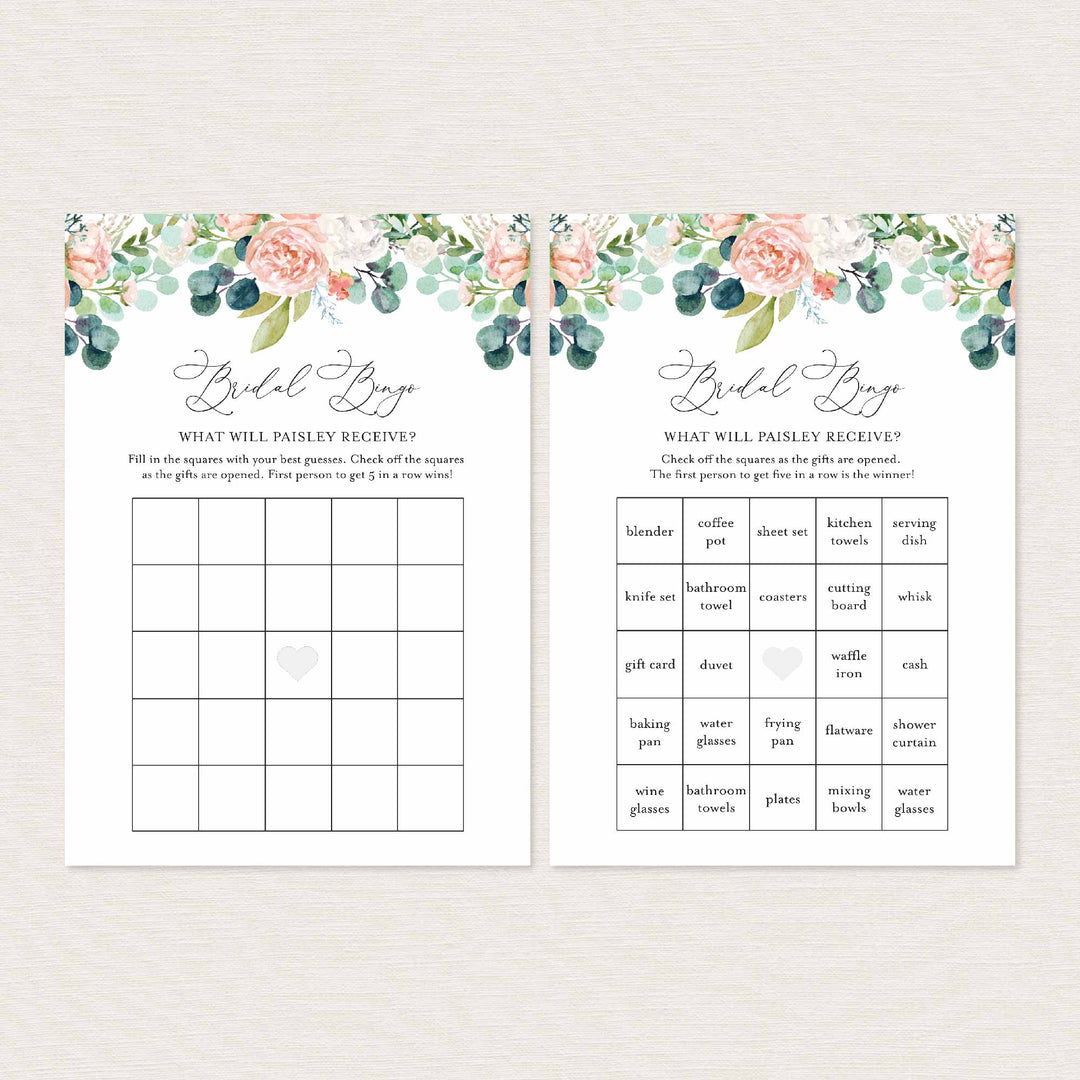 Blush Garden Bridal Shower Bingo Game Printable