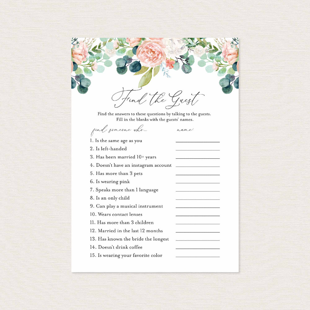 Blush Garden Bridal Shower Find The Guest Game Printable