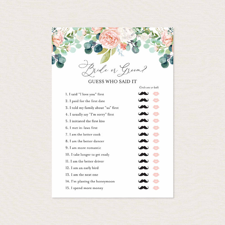 Blush Garden Bridal Shower He Said She Said Game Printable