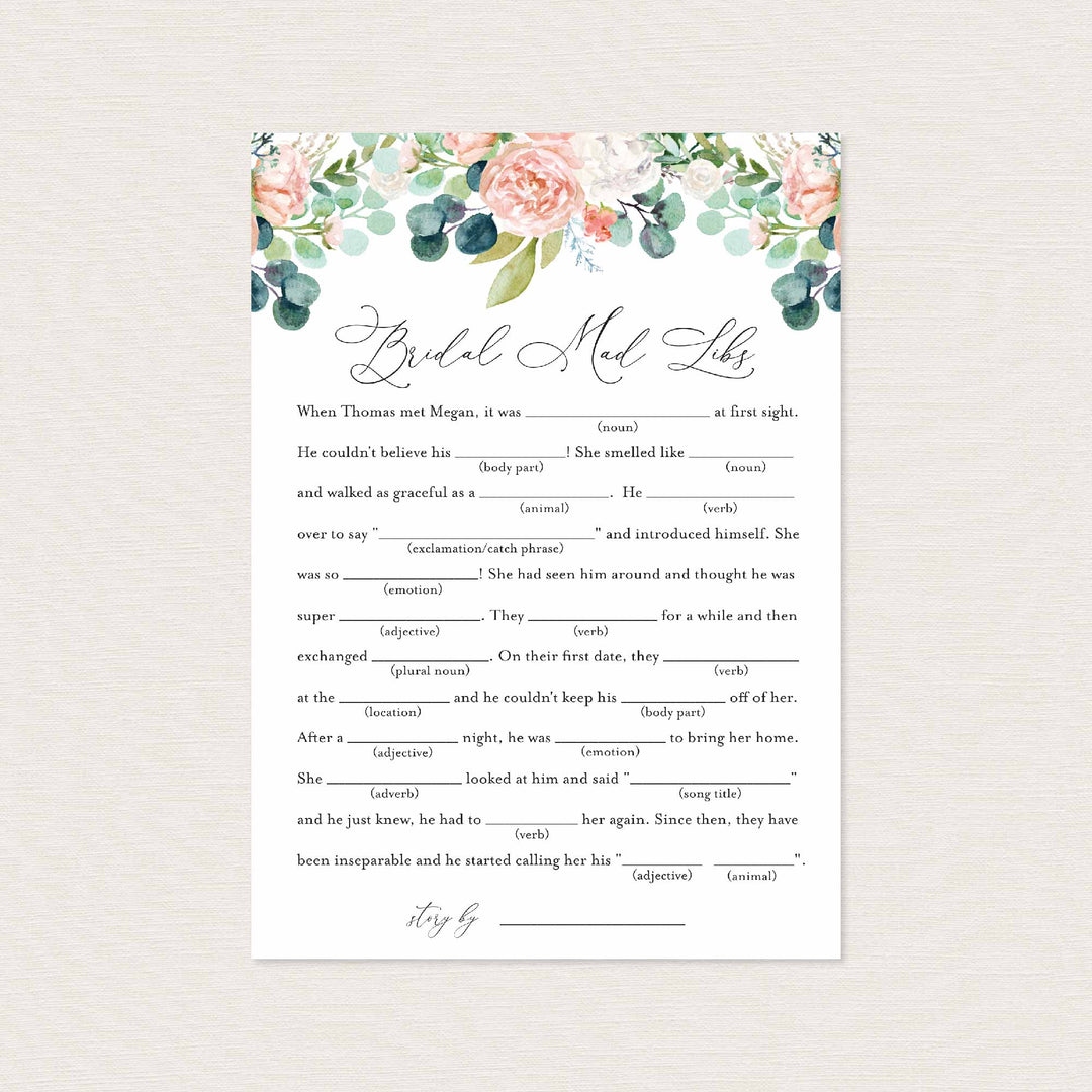 Blush Garden Bridal Shower Mad Libs Game Printable