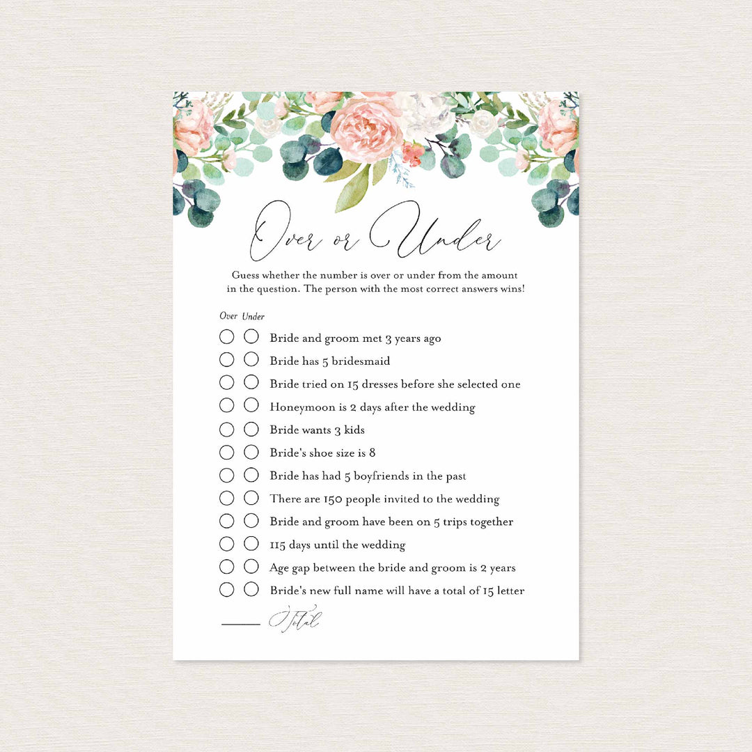 Blush Garden Bridal Shower Over or Under Game Printable