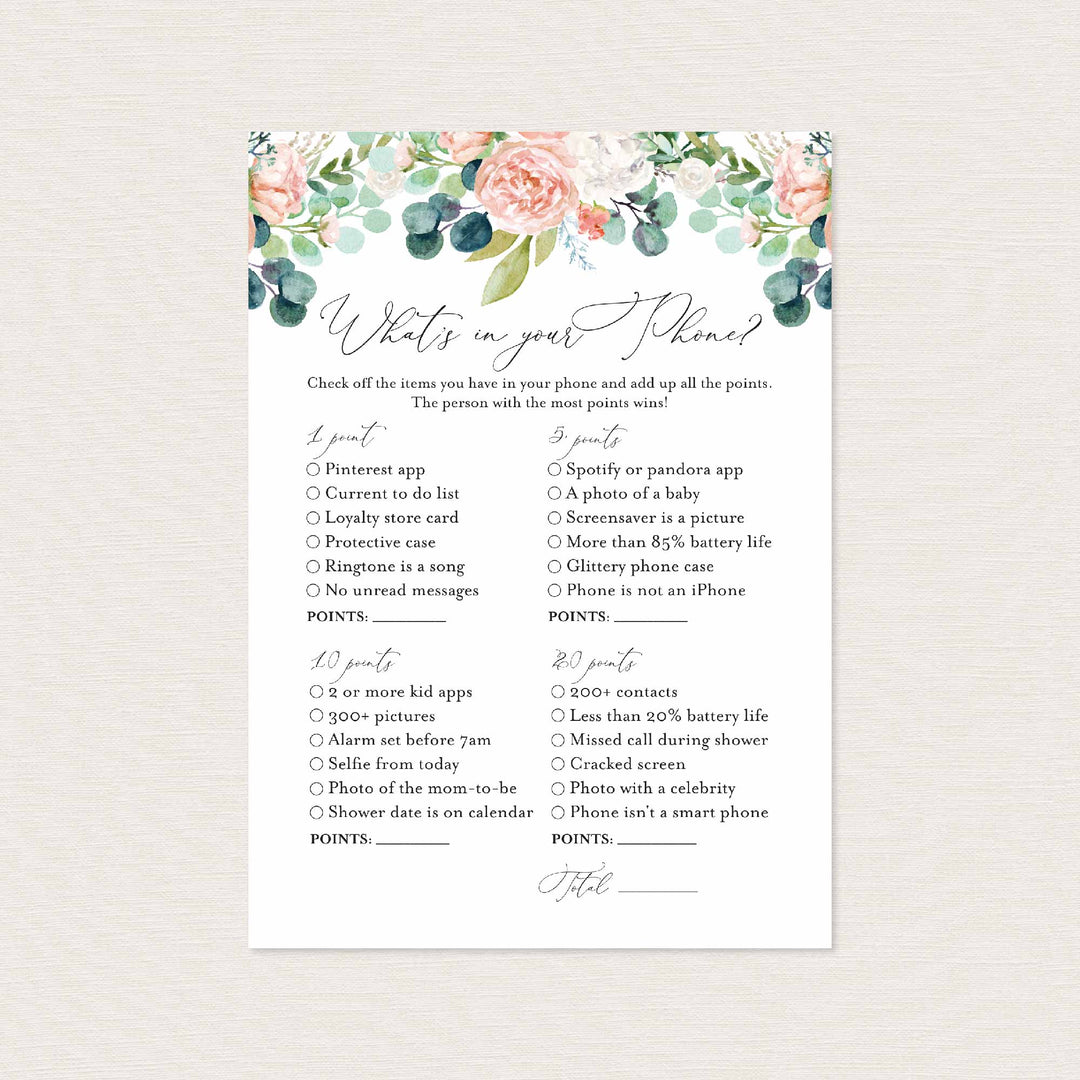 Blush Garden Bridal Shower What's In Your Phone Game Printable