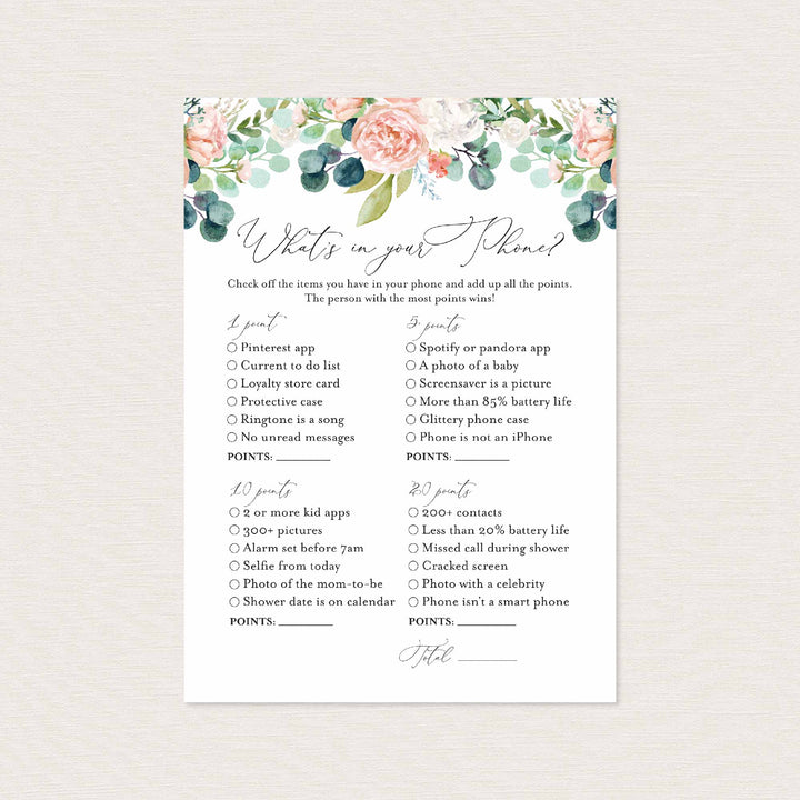 Blush Garden Bridal Shower What's In Your Phone Game Printable