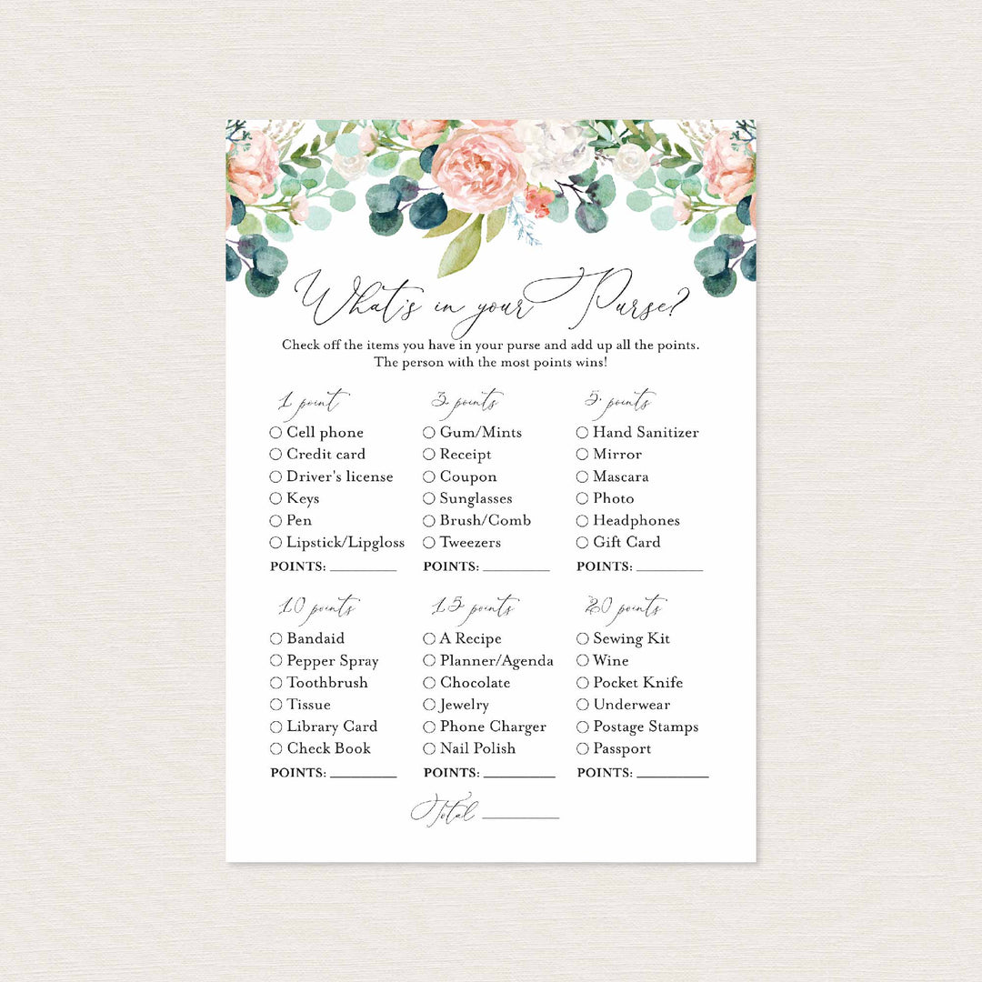 Blush Garden Bridal Shower What's In Your Purse Game Printable